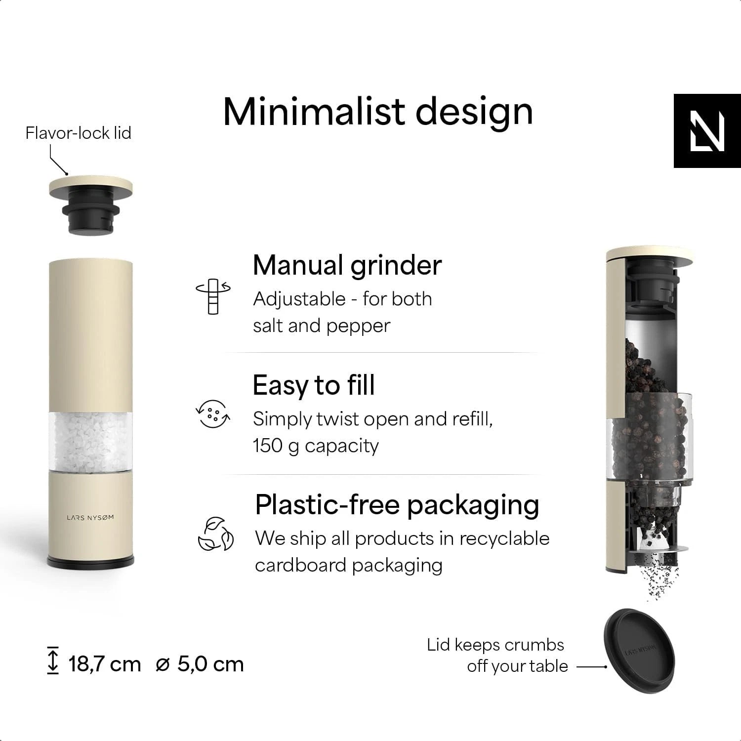 Salt & Pepper Grinder Set Stainless Steel Adjustable Ceramic Mills Creamy Peach