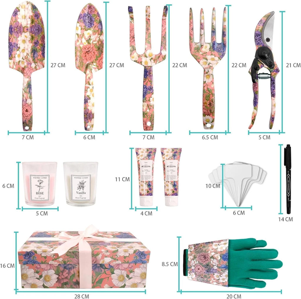 Gardening Gift For Women Floral Garden Tool Set Fork Rake Pruner Candle Cream