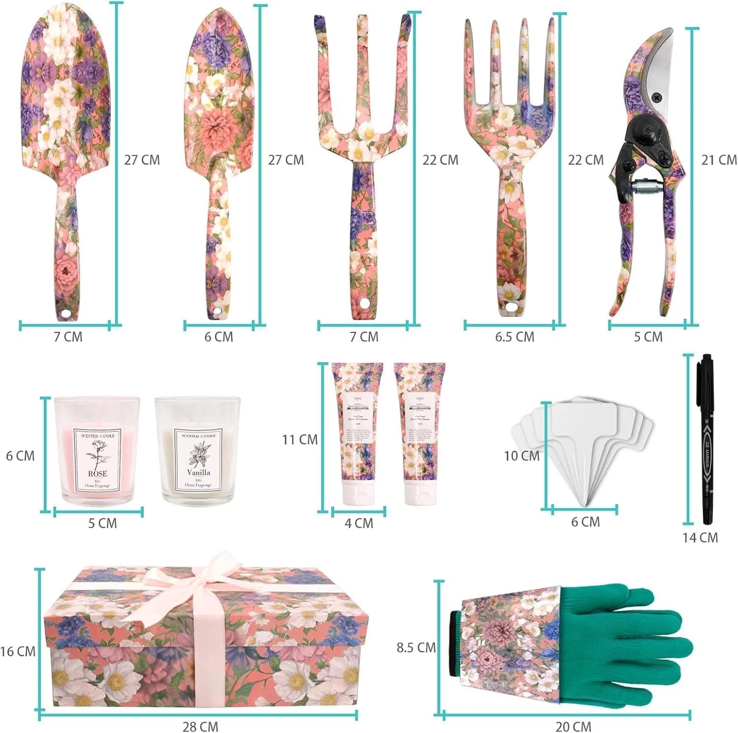 Gardening Gift For Women Floral Garden Tool Set Fork Rake Pruner Candle Cream