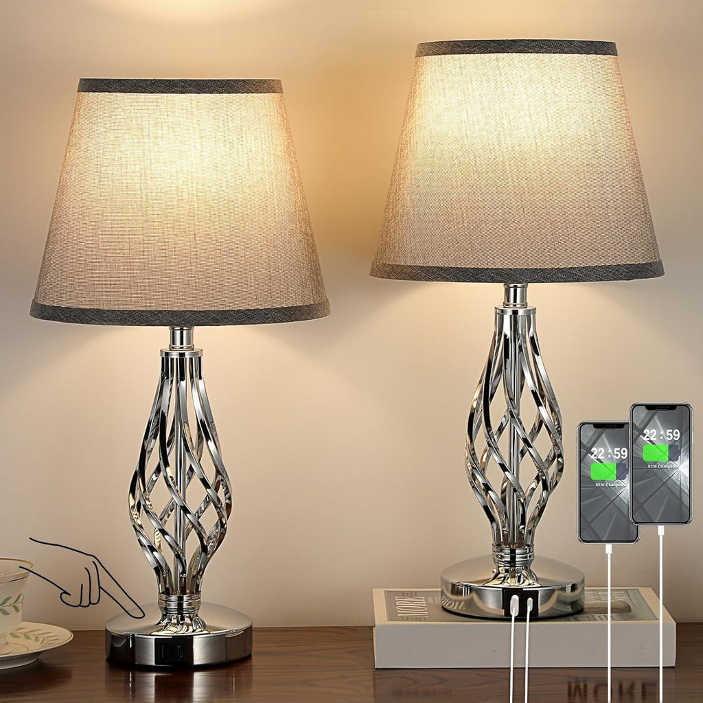 Touch Table Lamps Set of 2, Bedside Lamp with USB-C USB-A Ports, Bedroom Lamps