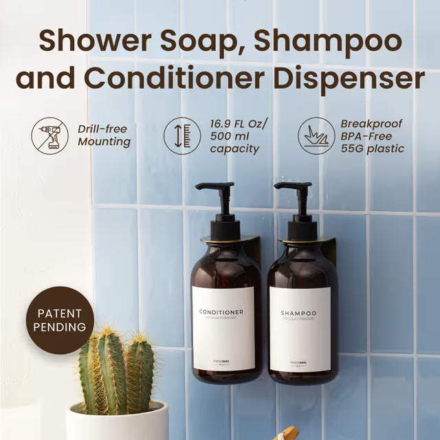 Shampoo & Conditioner Dispenser Set 2x500ml Wall-Mounted Drill-Free Secure Mount – Amber Gold