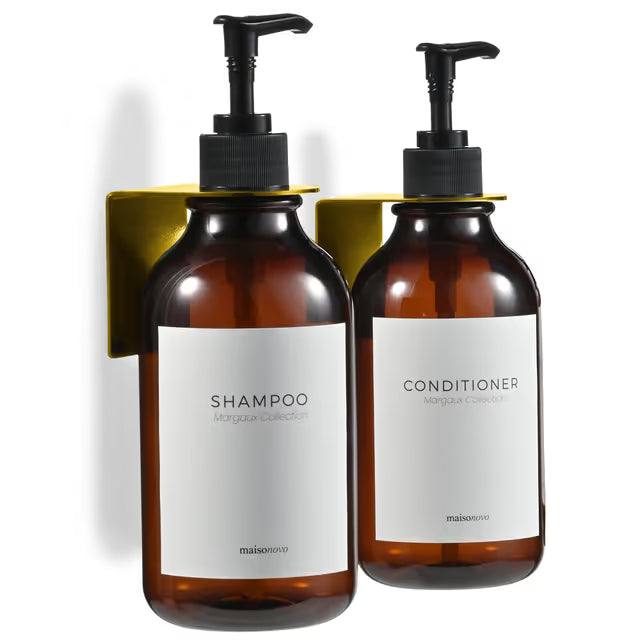 Shampoo & Conditioner Dispenser Set 2x500ml Wall-Mounted Drill-Free Secure Mount – Amber Gold